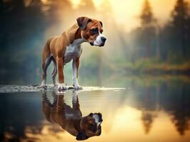 Dog and its reflection in a calm pond AI Generative photo