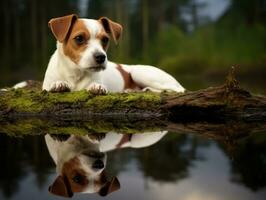 Dog and its reflection in a calm pond AI Generative photo