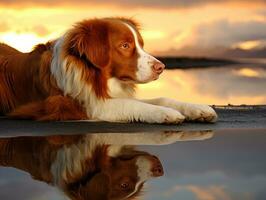 perro y sus reflexión en un calma estanque ai generativo foto