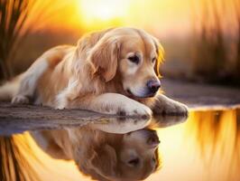 Dog and its reflection in a calm pond AI Generative photo