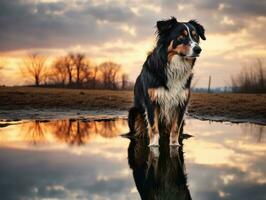 Dog and its reflection in a calm pond AI Generative photo