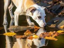 Dog and its reflection in a calm pond AI Generative photo