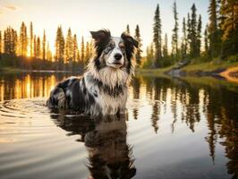 Dog and its reflection in a calm pond AI Generative photo
