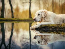 Dog and its reflection in a calm pond AI Generative photo