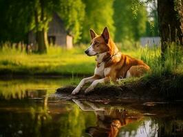 Dog and its reflection in a calm pond AI Generative photo