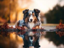 Dog and its reflection in a calm pond AI Generative photo