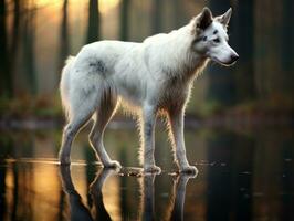 perro y sus reflexión en un calma estanque ai generativo foto