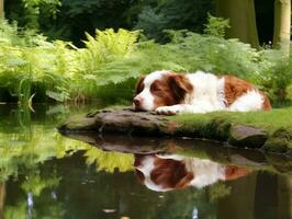 perro y sus reflexión en un calma estanque ai generativo foto