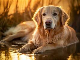 perro y sus reflexión en un calma estanque ai generativo foto