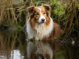 Dog and its reflection in a calm pond AI Generative photo