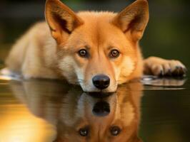 perro y sus reflexión en un calma estanque ai generativo foto