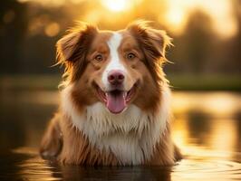 Dog and its reflection in a calm pond AI Generative photo