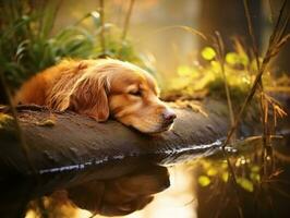 Dog and its reflection in a calm pond AI Generative photo
