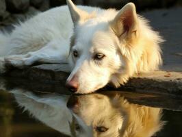 Dog and its reflection in a calm pond AI Generative photo