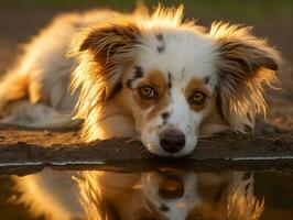 perro y sus reflexión en un calma estanque ai generativo foto