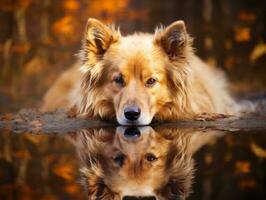 Dog and its reflection in a calm pond AI Generative photo