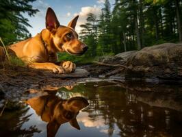 perro y sus reflexión en un calma estanque ai generativo foto