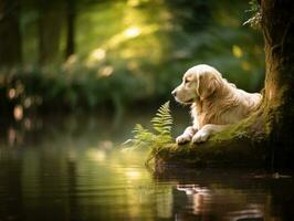 Dog and its reflection in a calm pond AI Generative photo