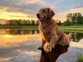 Dog and its reflection in a calm pond AI Generative photo