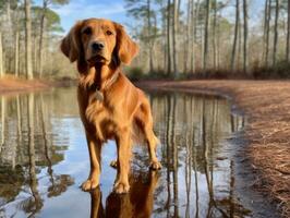 perro y sus reflexión en un calma estanque ai generativo foto