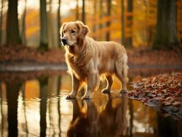 Dog and its reflection in a calm pond AI Generative photo