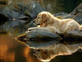 Dog and its reflection in a calm pond AI Generative photo