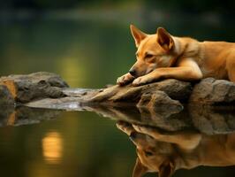 Dog and its reflection in a calm pond AI Generative photo