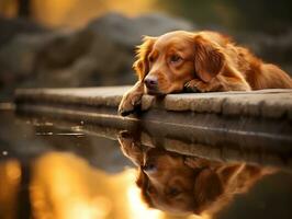 perro y sus reflexión en un calma estanque ai generativo foto