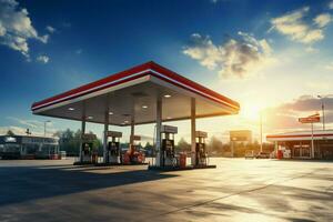 Petrol station under blue skies, fluffy clouds adding scenic charm AI Generated photo