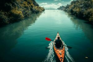 Paddling leisurely in a kayak along the meandering rivers course AI Generated photo