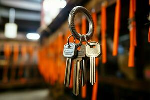 New key hung up in a locksmith shop, close up display AI Generated photo