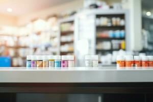 Pharmacy store counter, featuring a backdrop of blurred medication shelves AI Generated photo