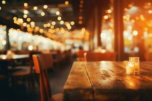 Restaurant ambiance, a blend of patrons, wooden tables, and bokeh AI Generated photo
