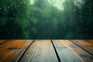 Rain splattered window forms a backdrop to a rustic wooden table AI Generated photo