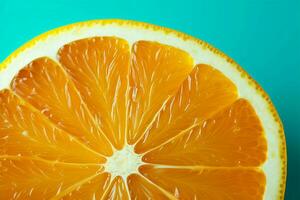 One vibrant orange slice on a turquoise green background, a zesty citrus texture AI Generated photo