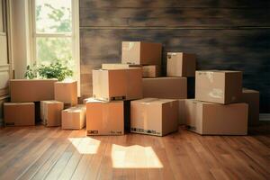 Packing for a move, boxes sit on the floor awaiting transportation AI Generated photo