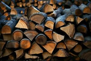 Pile of firewood creates a rustic and textured backdrop AI Generated photo