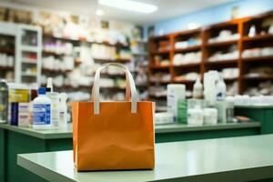 Healthcare products in a drugstore, paper bag on the counter AI Generated photo