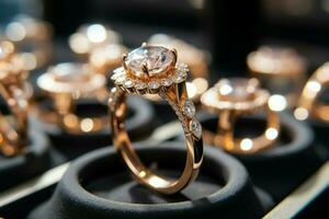 Luxurious diamond rings and gold jewelry on display in a store AI Generated photo