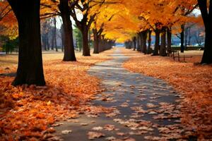 Maple leaves carpet the autumn park pathway in vibrant colors AI Generated photo