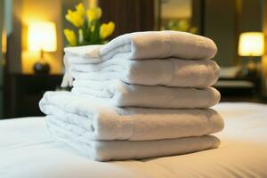 Hotel resorts bed adorned with a neatly folded white towel AI Generated photo