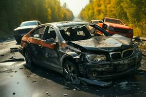 la carretera accidente involucrando vehículos en un angustioso coche colisión escena ai generado foto