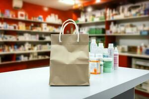 Pharmacy counter with a paper bag, health products on shelves AI Generated photo