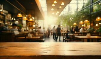 People in a cozy cafe blend into a blurred wooden table AI Generated photo