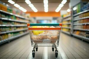 Shopping cart in a supermarket, creating an everyday shopping backdrop AI Generated photo