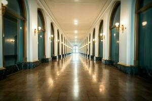 Lavish hotel corridor, offering a glimpse of refined interior design AI Generated photo