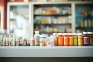 Medications on shelves, focal point of the bustling pharmacy store counter AI Generated photo