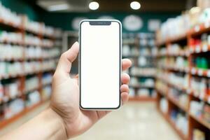 Hand holding blank screen smartphone above pharmacy store medicine shelves AI Generated photo