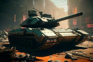 Modern battle tank, AI aided, stationed in a citys central hub AI Generated photo