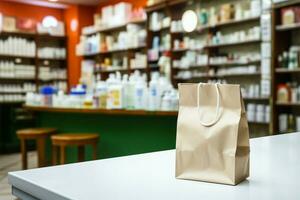 Pharmacy counter paper bag amid health products, blurred store backdrop AI Generated photo